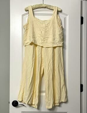 Anrabess Ivory Linen Rayon 2pc Tank & Wide-Leg Pants Set M Elastic Waist Boho